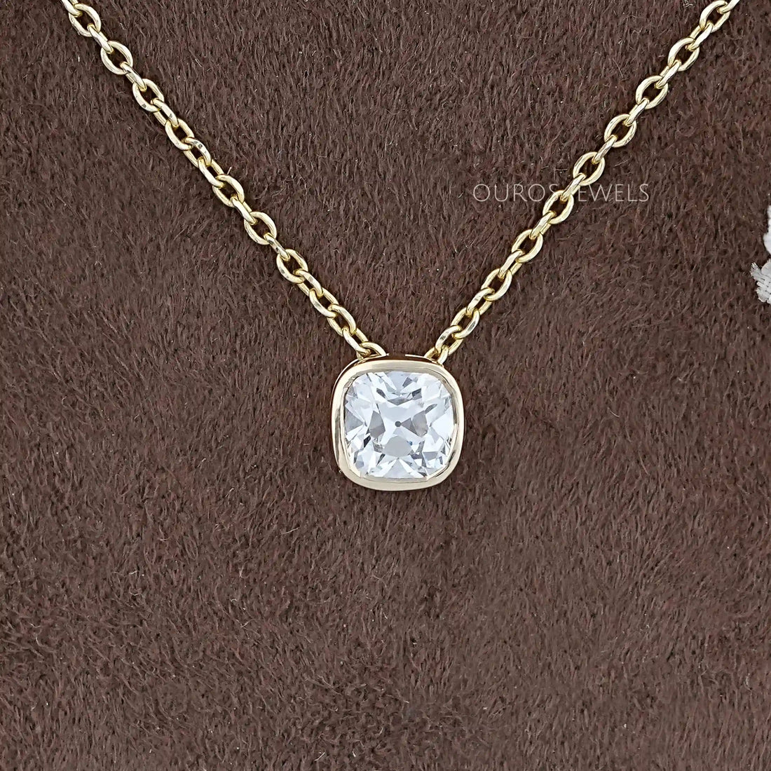 Square Old Mine Cushion Cut Bezel Solitaire Pendant Necklaces