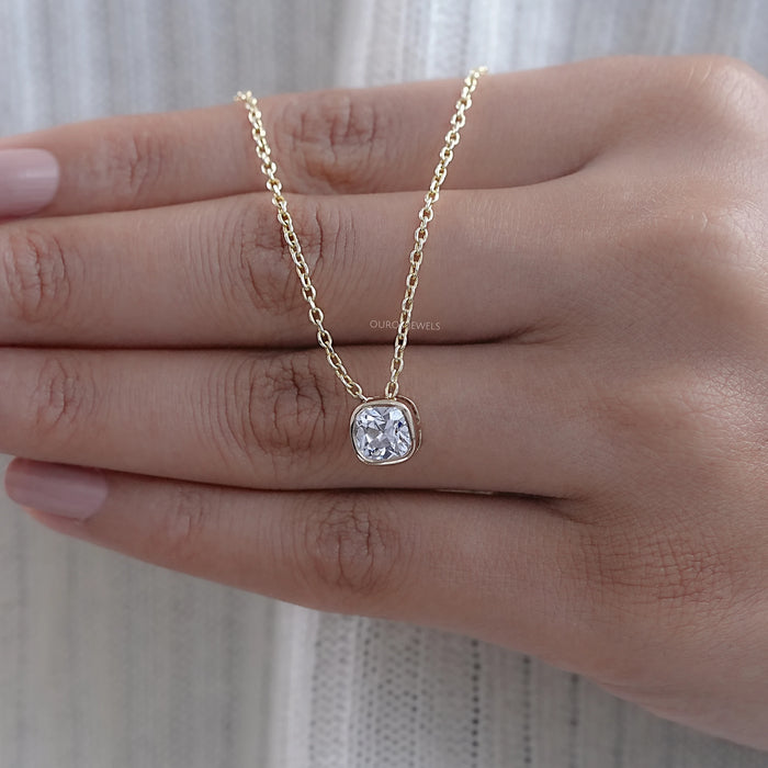 Square Old Mine Cushion Cut Bezel Solitaire Pendant Necklaces