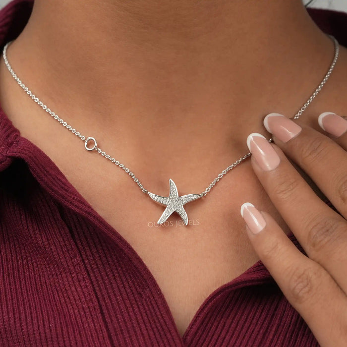 Starfish Round Cut Cluster Diamond Pendant Necklaces