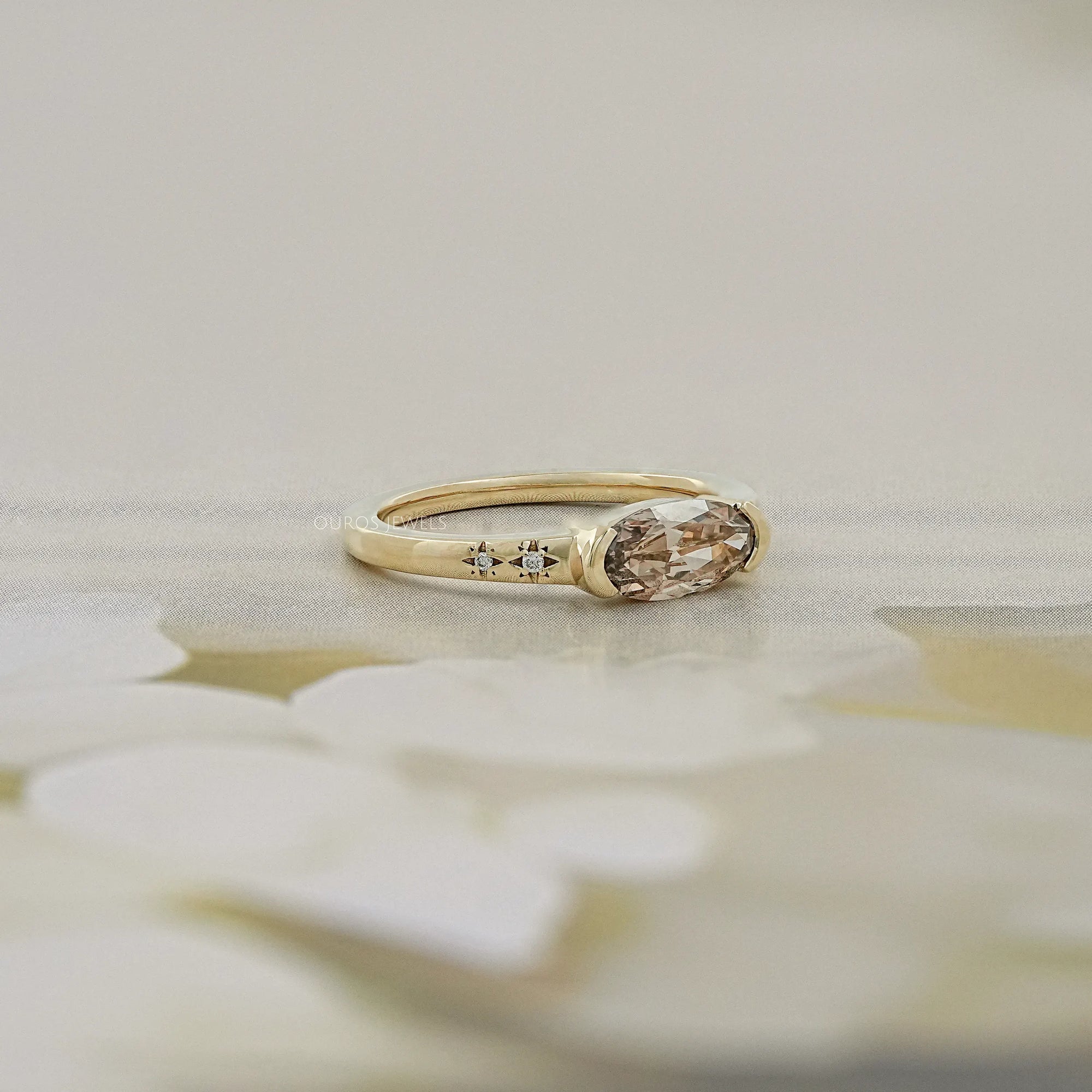 Champagne East West Old Mine Moval Half Bezel Accent Ring Rings