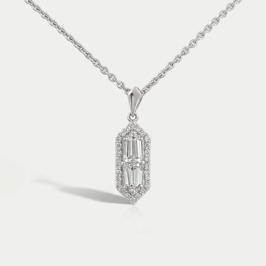 Step Cut Arrow Diamond Halo Pendant Necklaces