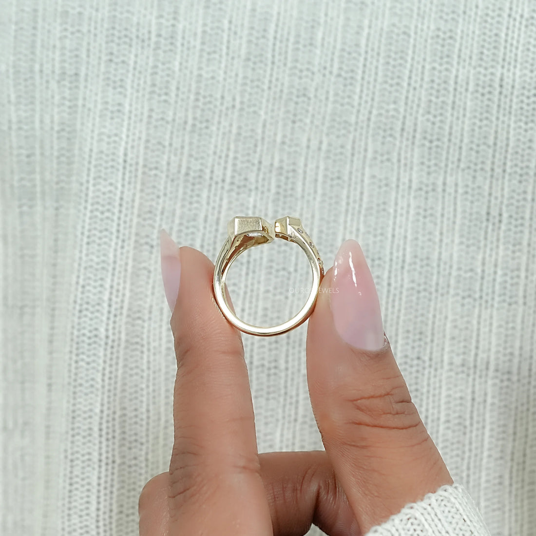 Step Cut Lab Grown Diamond Bezel Set Open Cuff Band Ring