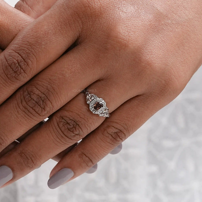 Fancy Cushion Cut Halo Champagne Diamond Ring Rings