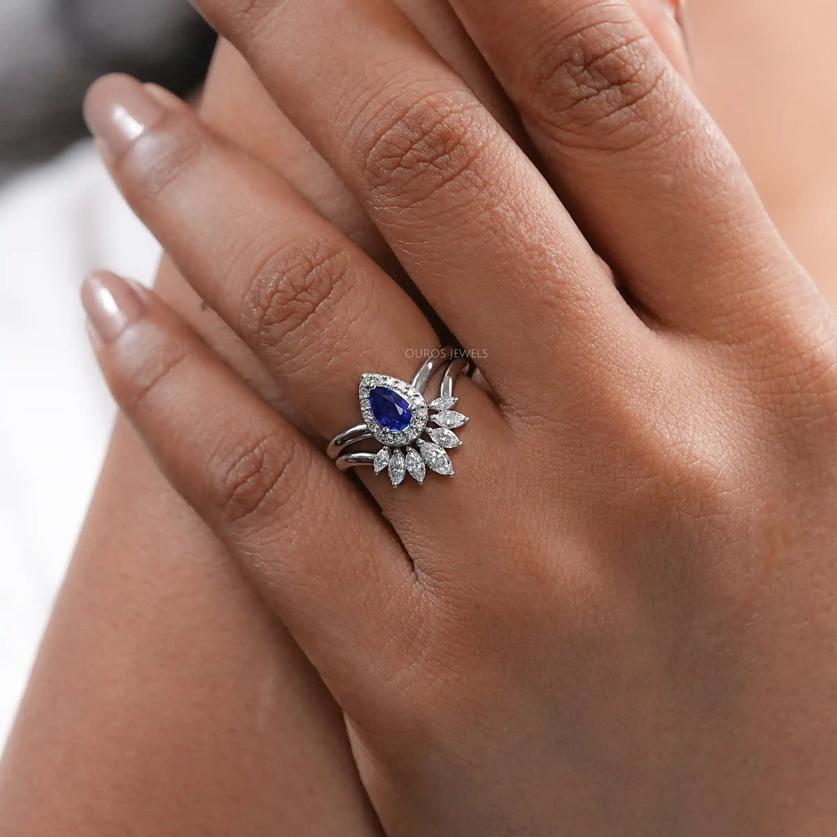 Sapphire Pear Curved Wedding Ring