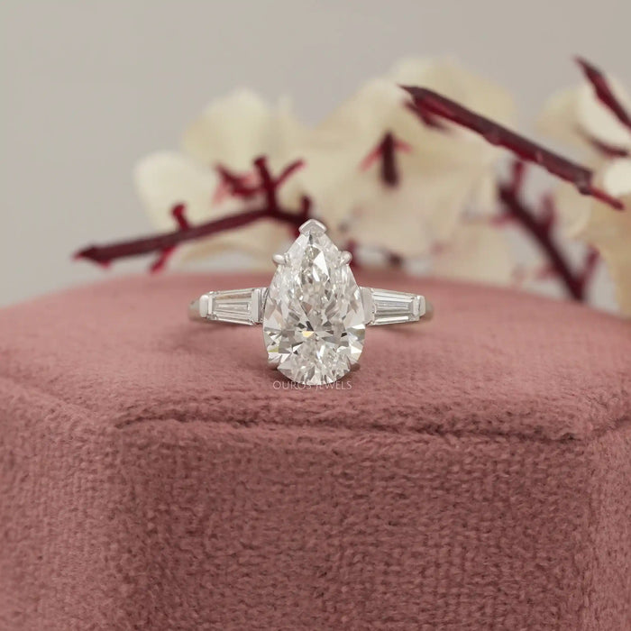 Three Stone Pear Diamond Engagement Ring - With Tapered Baguettes Rings