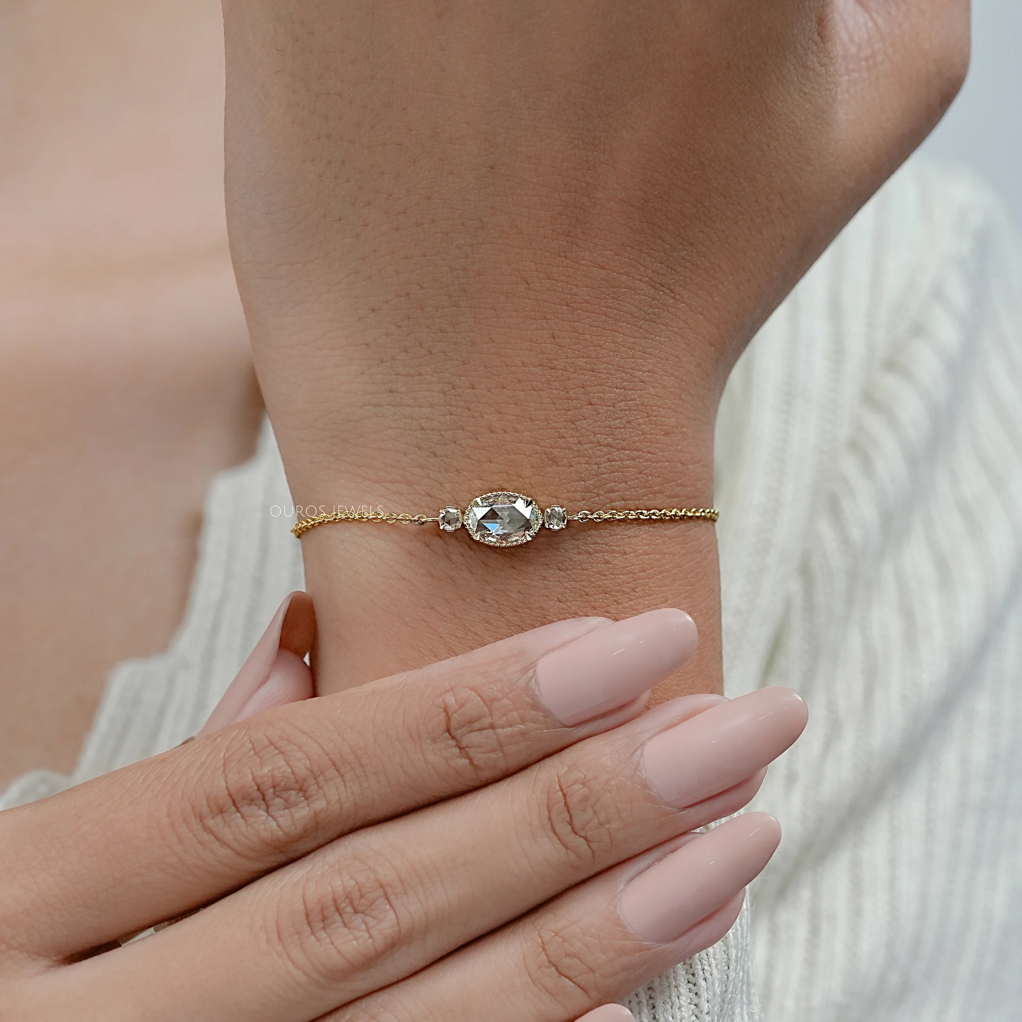Three Stone Rose Cut Oval Bezel Chain Bracelet Bracelet