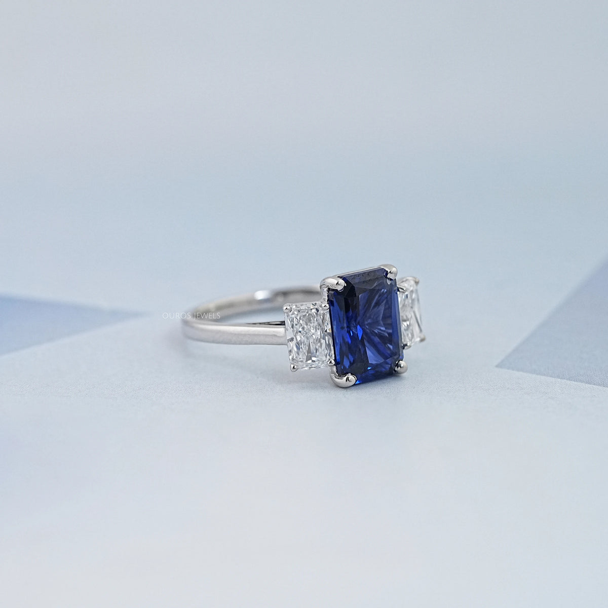 Sapphire Radiant And Lab Diamond Three Stone Ring Ring
