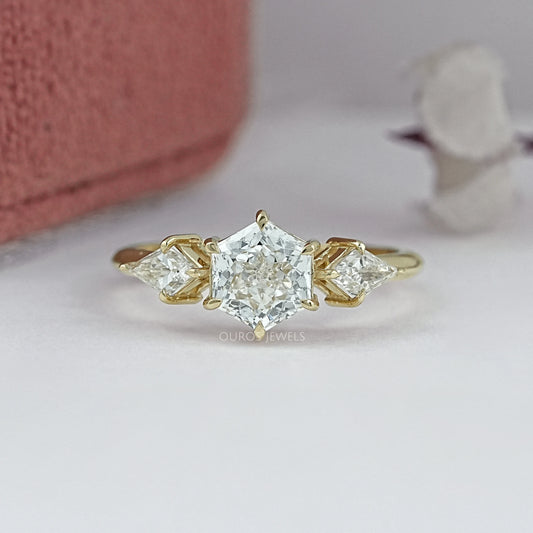 Three Stone Hexagon Cut Diamond Engagement Ring