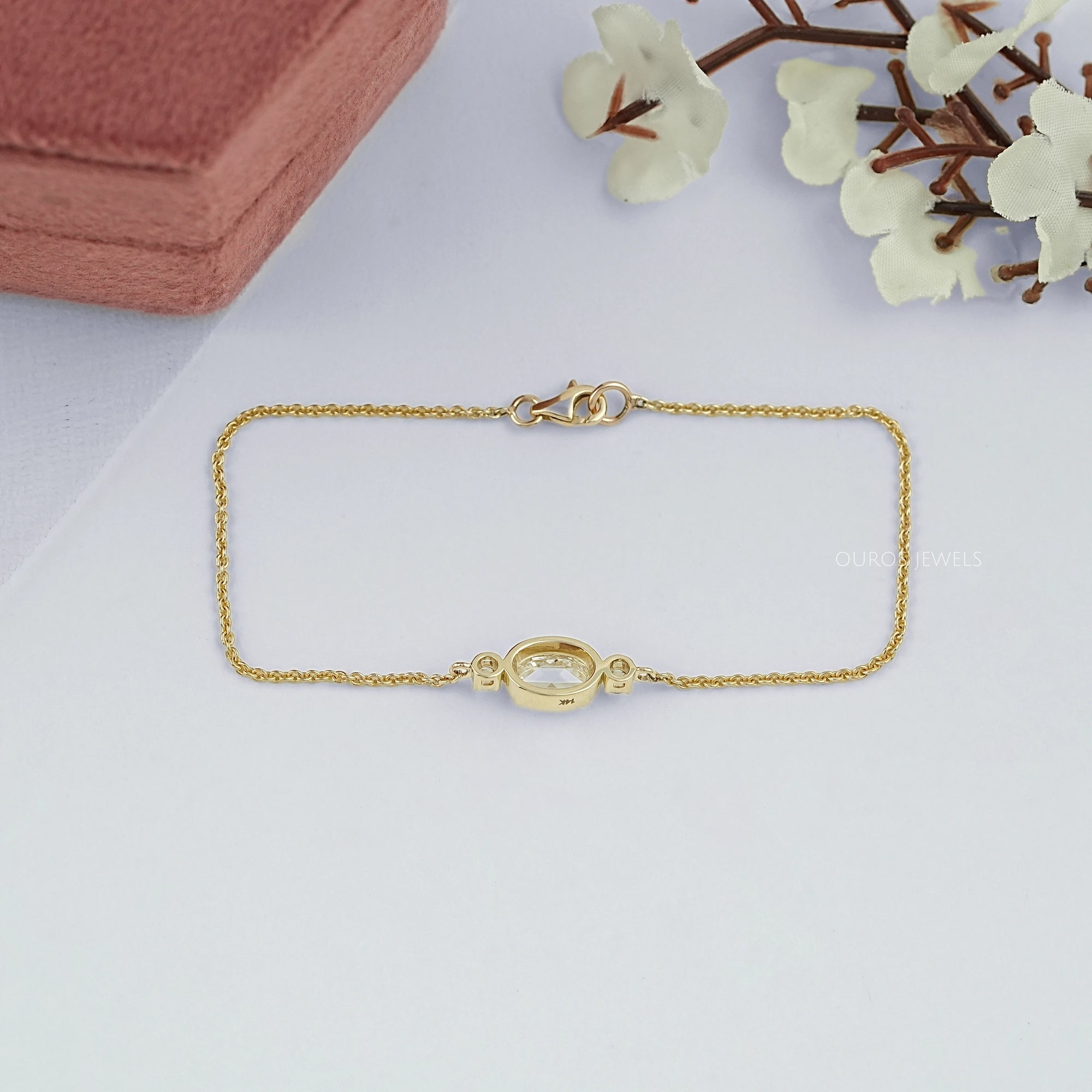 Three Stone Rose Cut Oval Bezel Chain Bracelet Bracelet