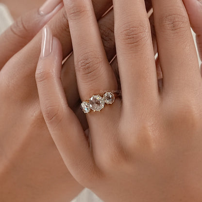 Three Stone Rose Cut Round Engagement Ring Ring