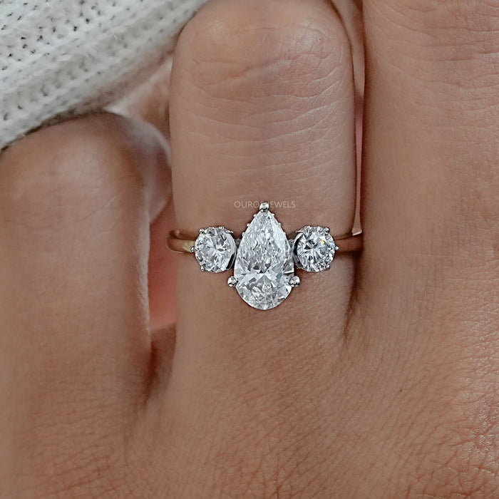Three Stone Pear Diamond Hidden Halo Engagement Ring Rings