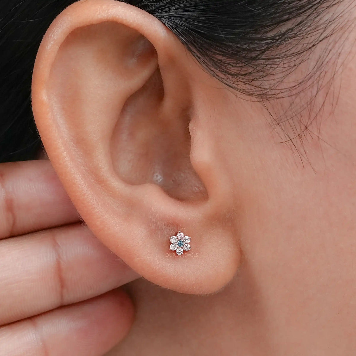 Pink & Blue Round Diamond Floral Earring Earring