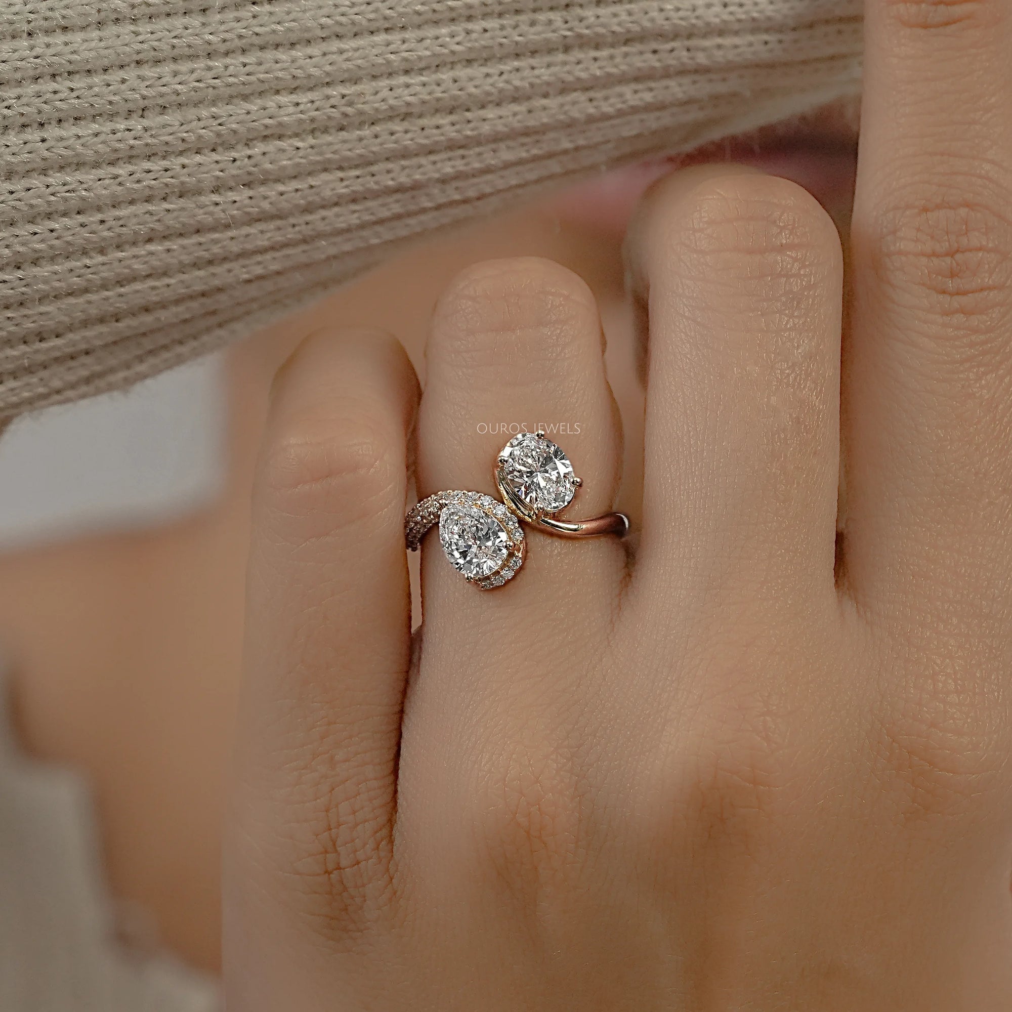 Two Stone Accent Diamond Bypass Engagement Ring Ring
