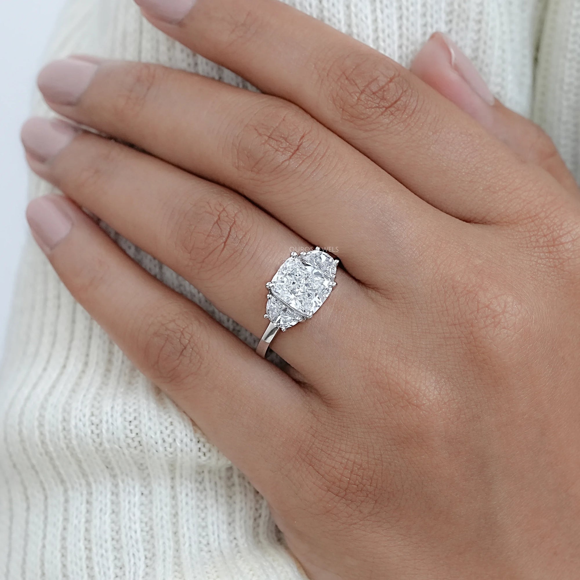 Trinity Cushion Cut Lab Diamond Engagement Rings Ring