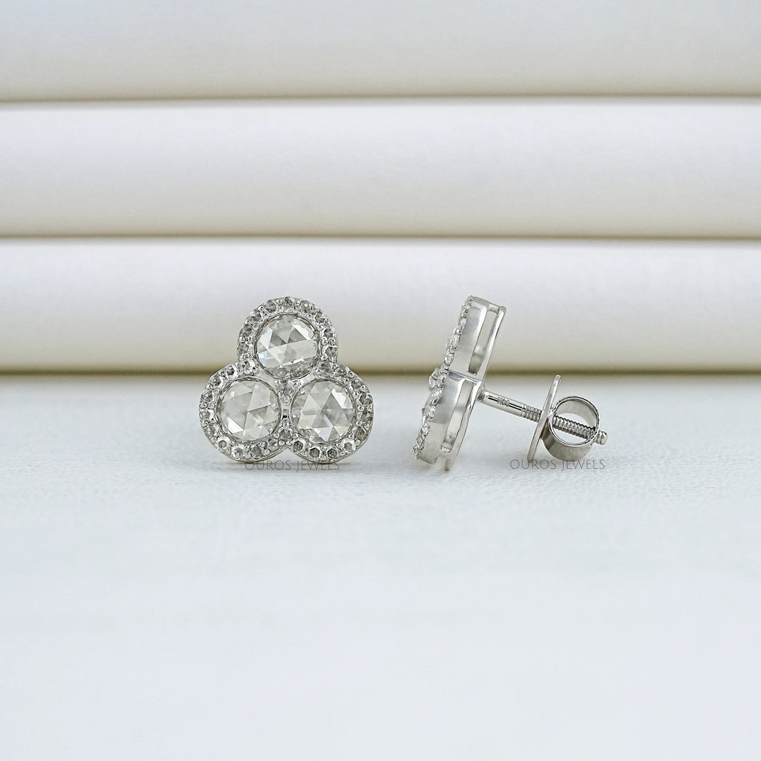Trio Rose Cut Round Diamond Halo Stud Earrings Earring