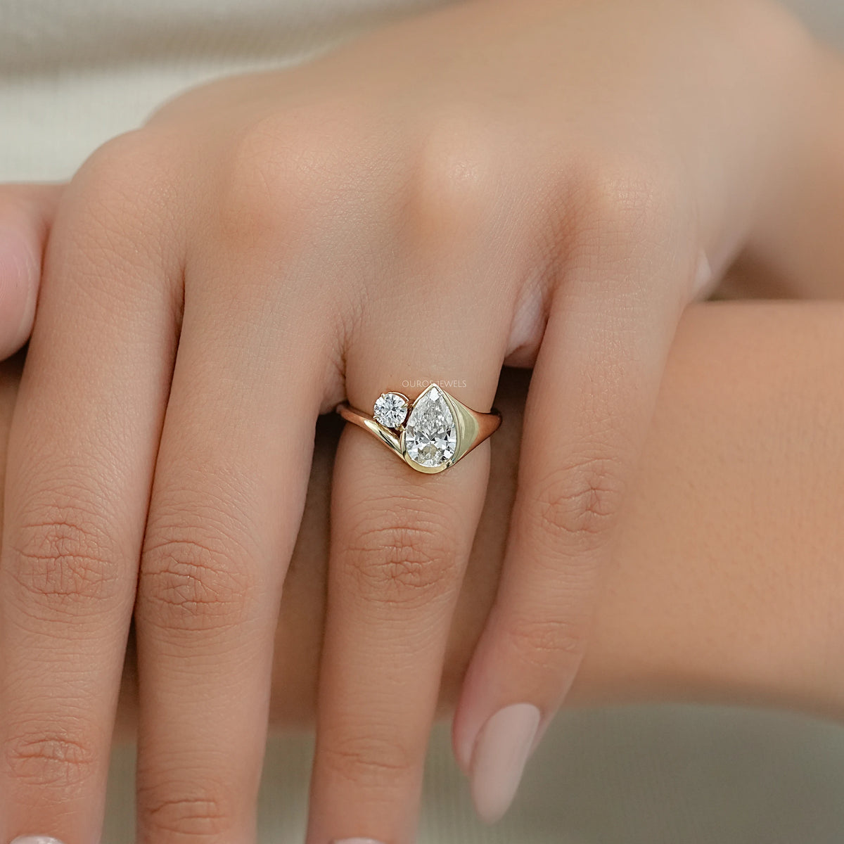 Bezel Set Pear Diamond Toi Et Moi Engagement Ring