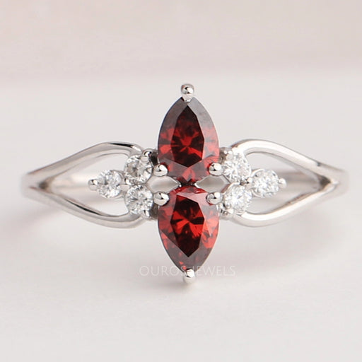 Two Stone Red Pear Diamond Dainty Ring
