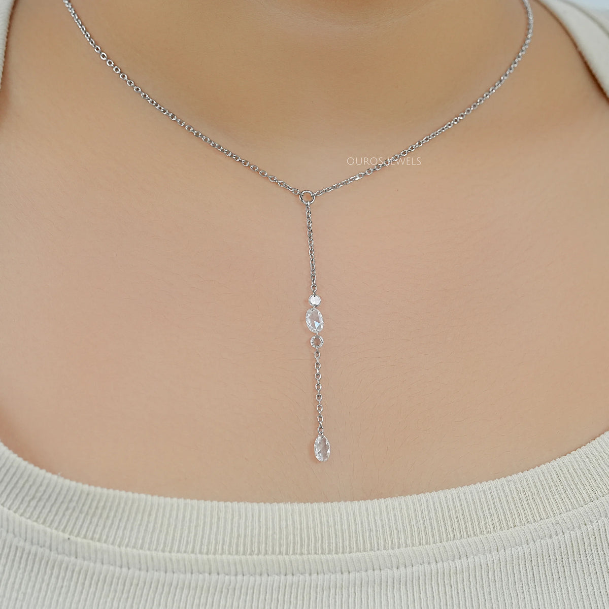 Rose Cut Oval And Round Diamond Lariat Necklace