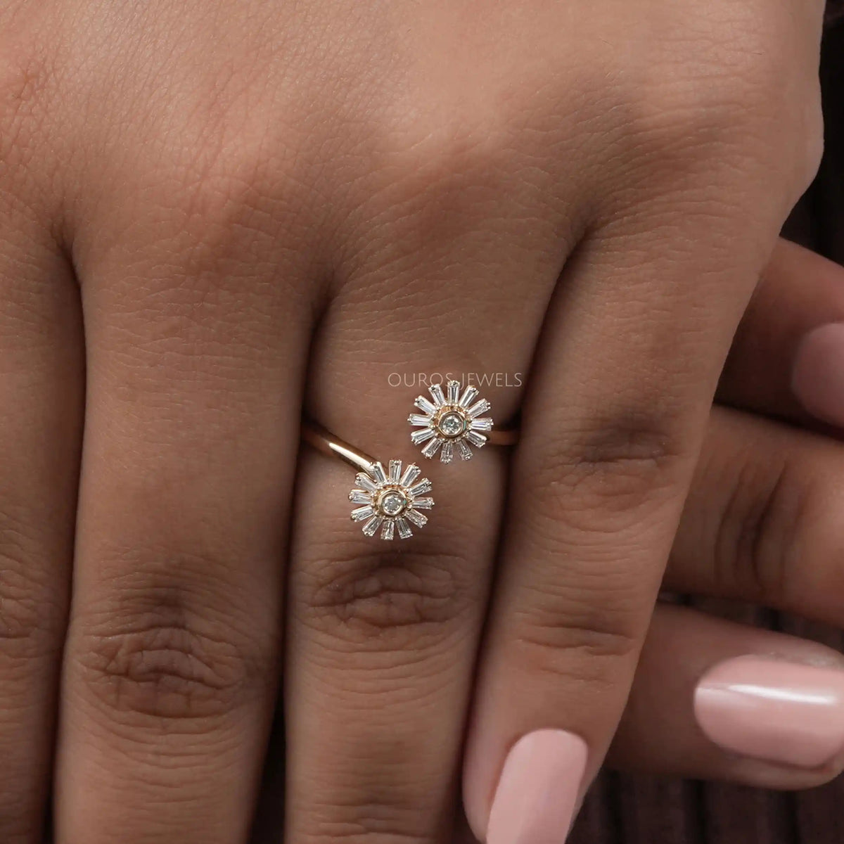Two Flower Shape Tapered Baguette Cut Lab Diamond Bypass Ring Rings