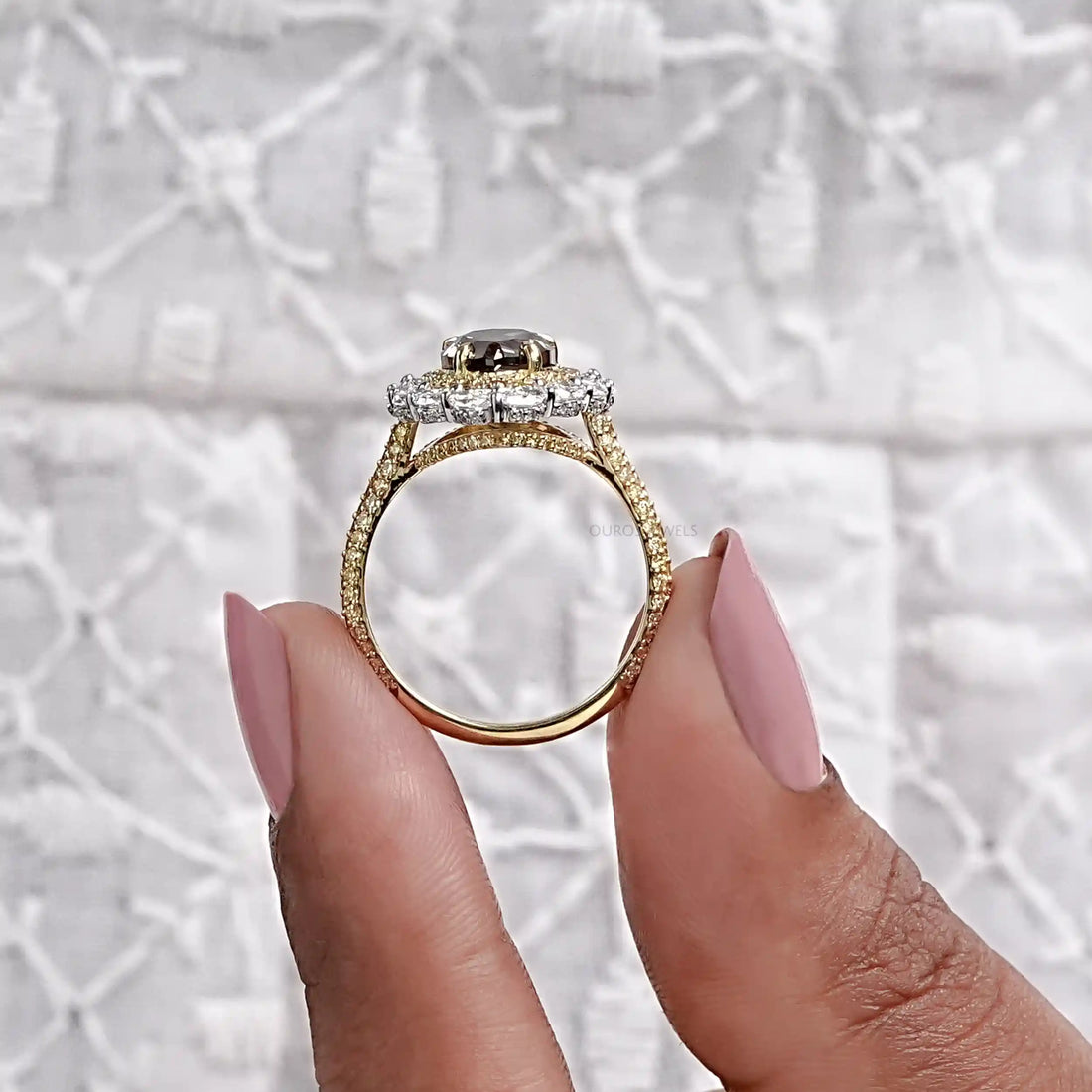 Champagne Pear Cut Double Halo Engagement Ring Rings