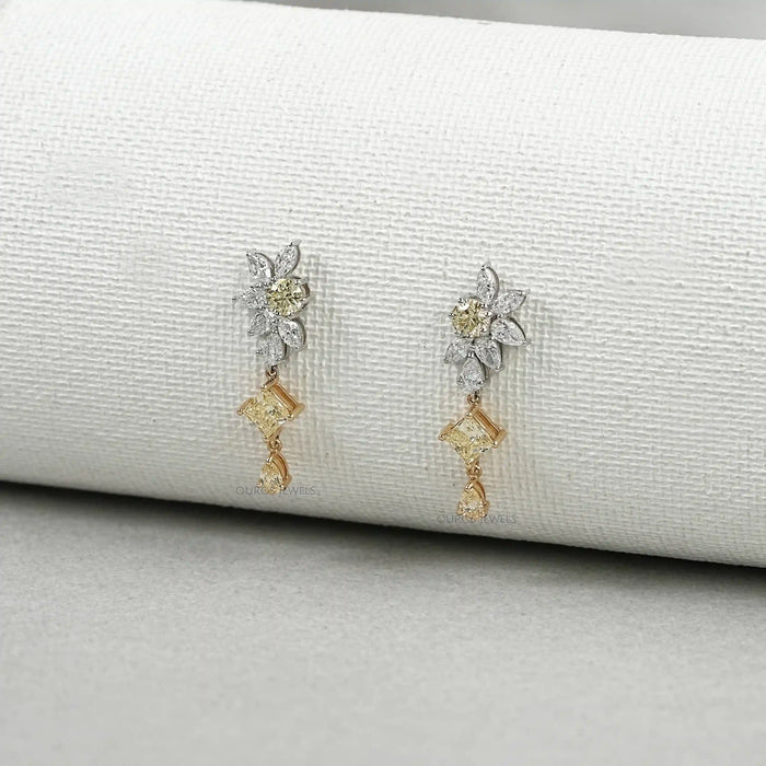 Yellow And White Diamond Floral Drop Earrings Earrings