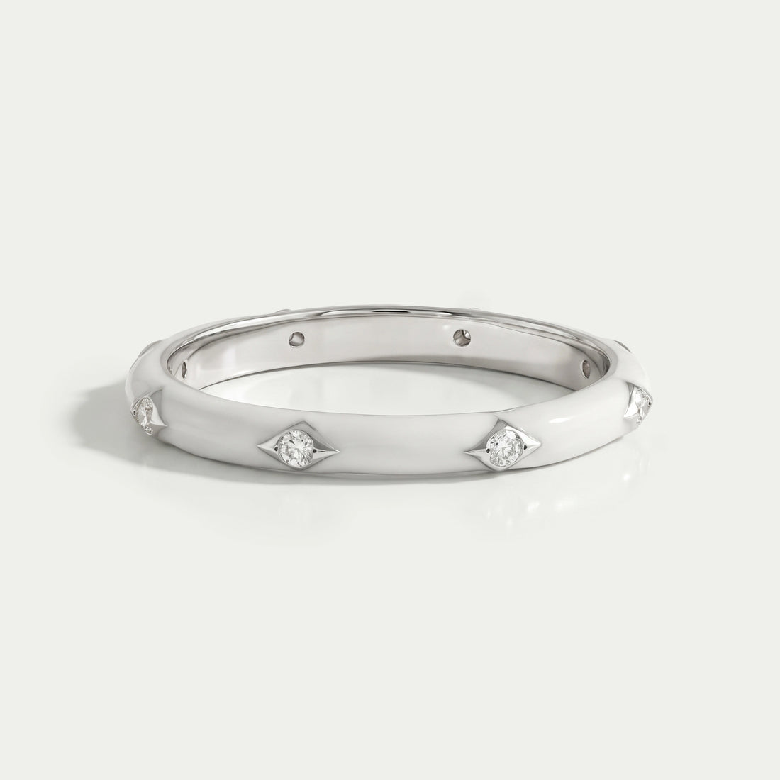 White Enamel Round Diamond Wedding Band Ring