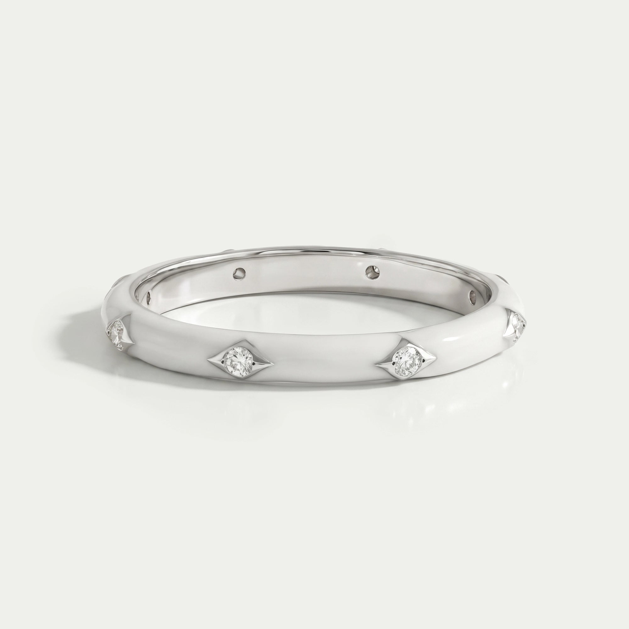 White Enamel Round Diamond Wedding Band Ring