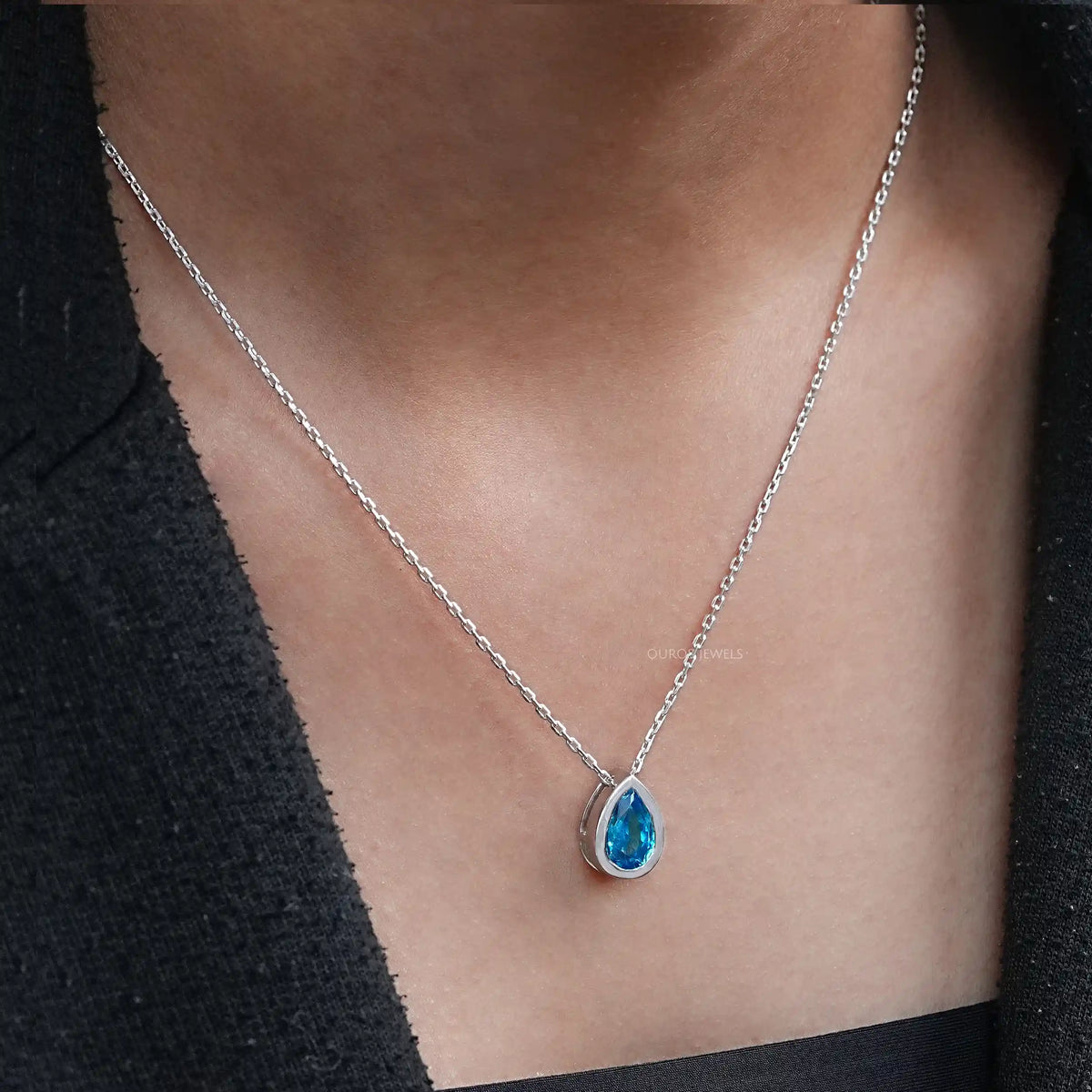 Aqua Blue Pear Gemstone Bezel Set Solitaire Pendant Necklaces