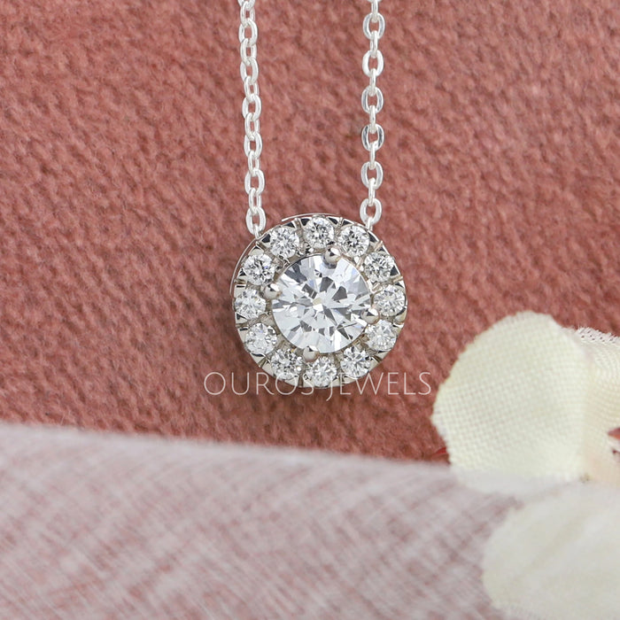 White Gold Halo Round Diamond Pendant Necklaces