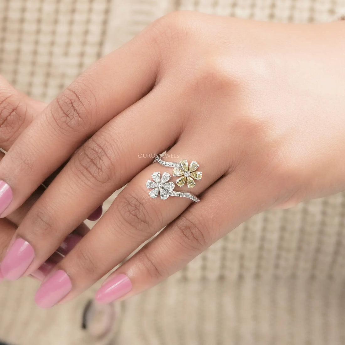 Flower Shape Yellow Pear Cut Lab Diamond Twin Bypass Ring