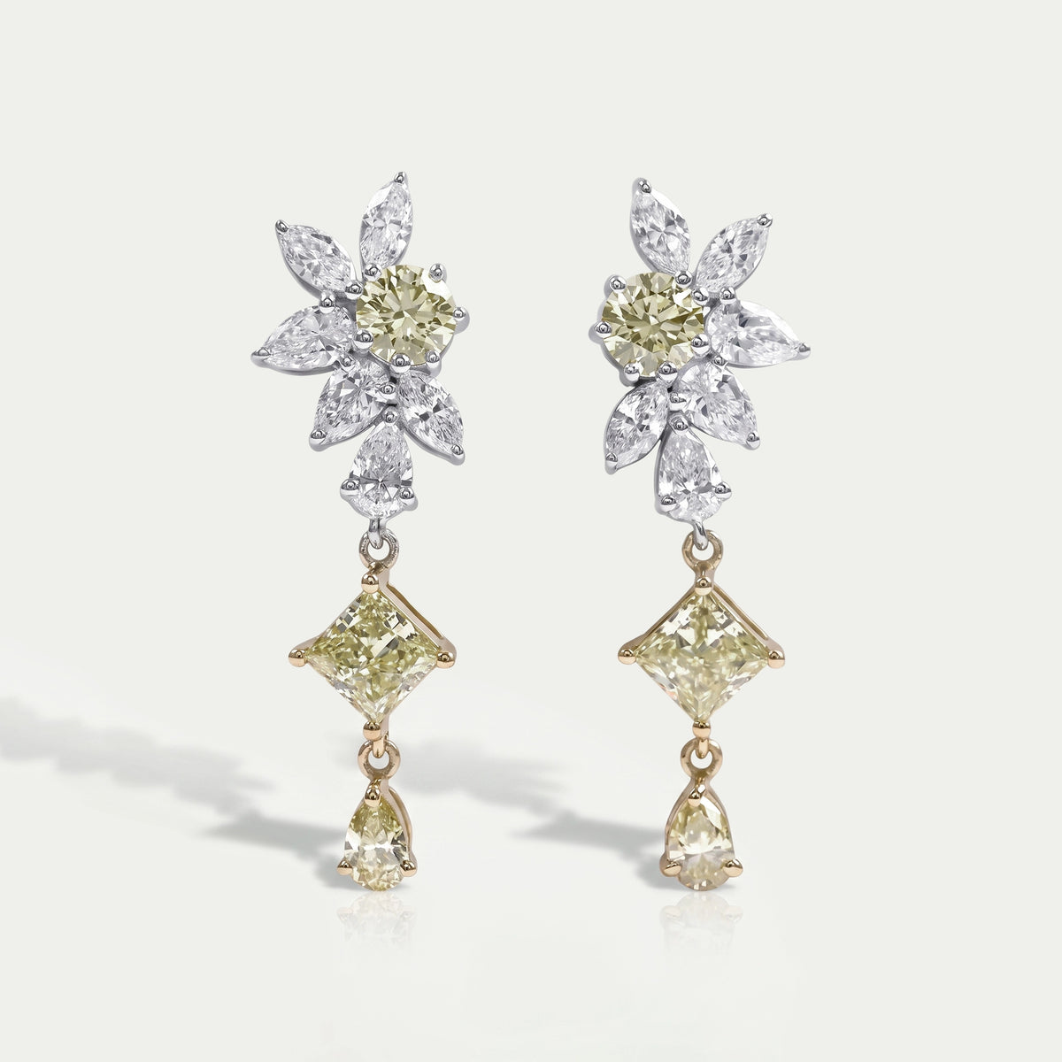 Yellow And White Diamond Floral Drop Earrings Earrings