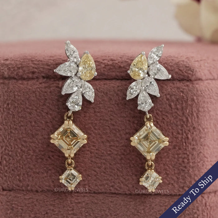 Yellow Asscher And Pear Lab Diamond Drop Earrings Earrings