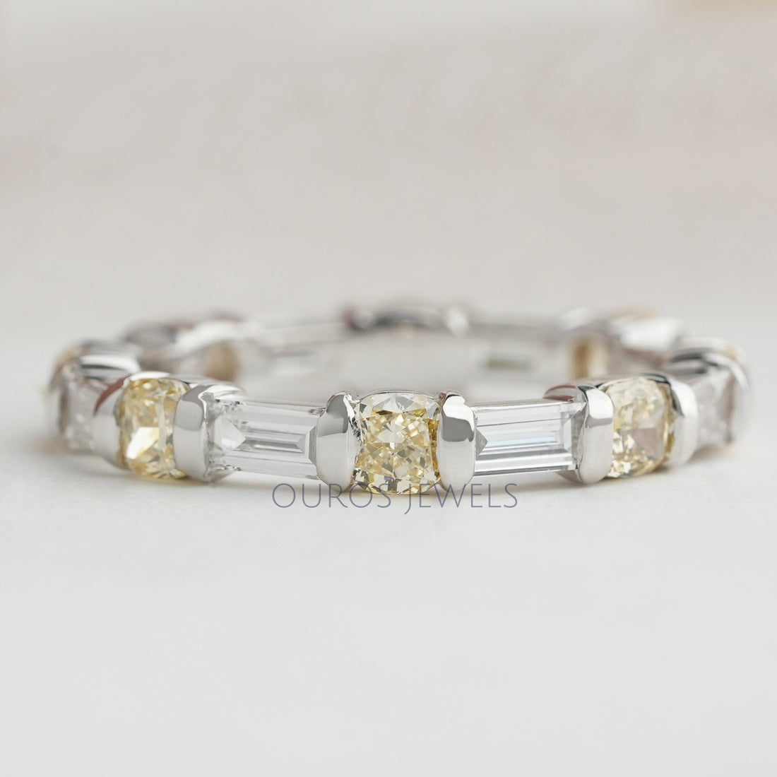 Yellow Cushion And Baguette Cut Lab Diamond Eternity Wedding Band