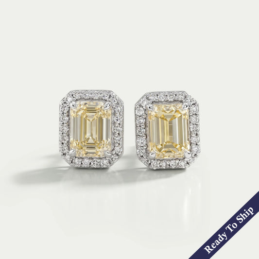 Yellow Emerald Lab Diamond Halo Stud Earrings Earrings