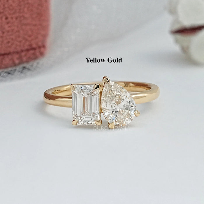 Emerald And Pear Lab Diamond Toi Moi Ring 14K Yellow Gold 7.00 US Ring