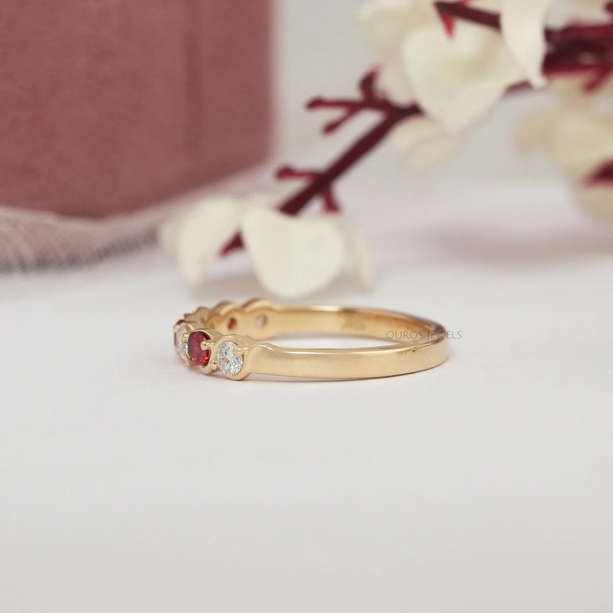Red Gemstone Round Cut Lab Diamond Half Eternity Band