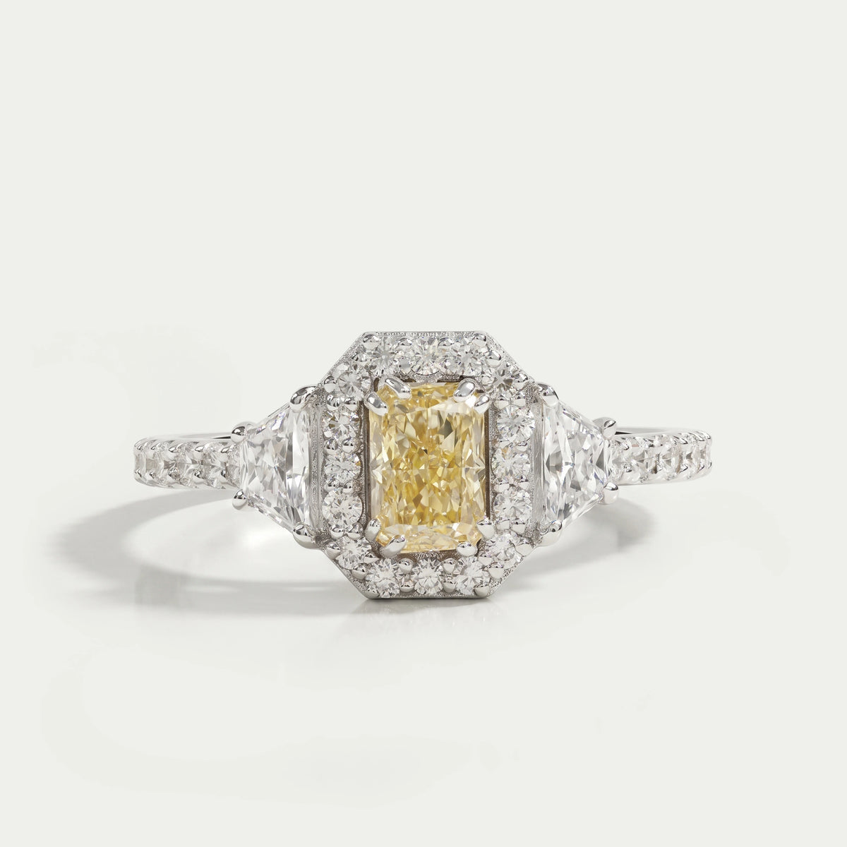 Yellow Radiant Cut Halo Three Stone Engagement Ring