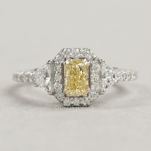 Yellow Radiant Cut Halo Three Stone Engagement Ring