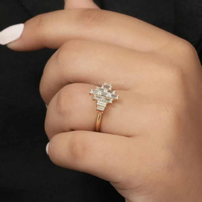 Yellow Gold Baguette Cut Cluster Diamond Engagement Ring
