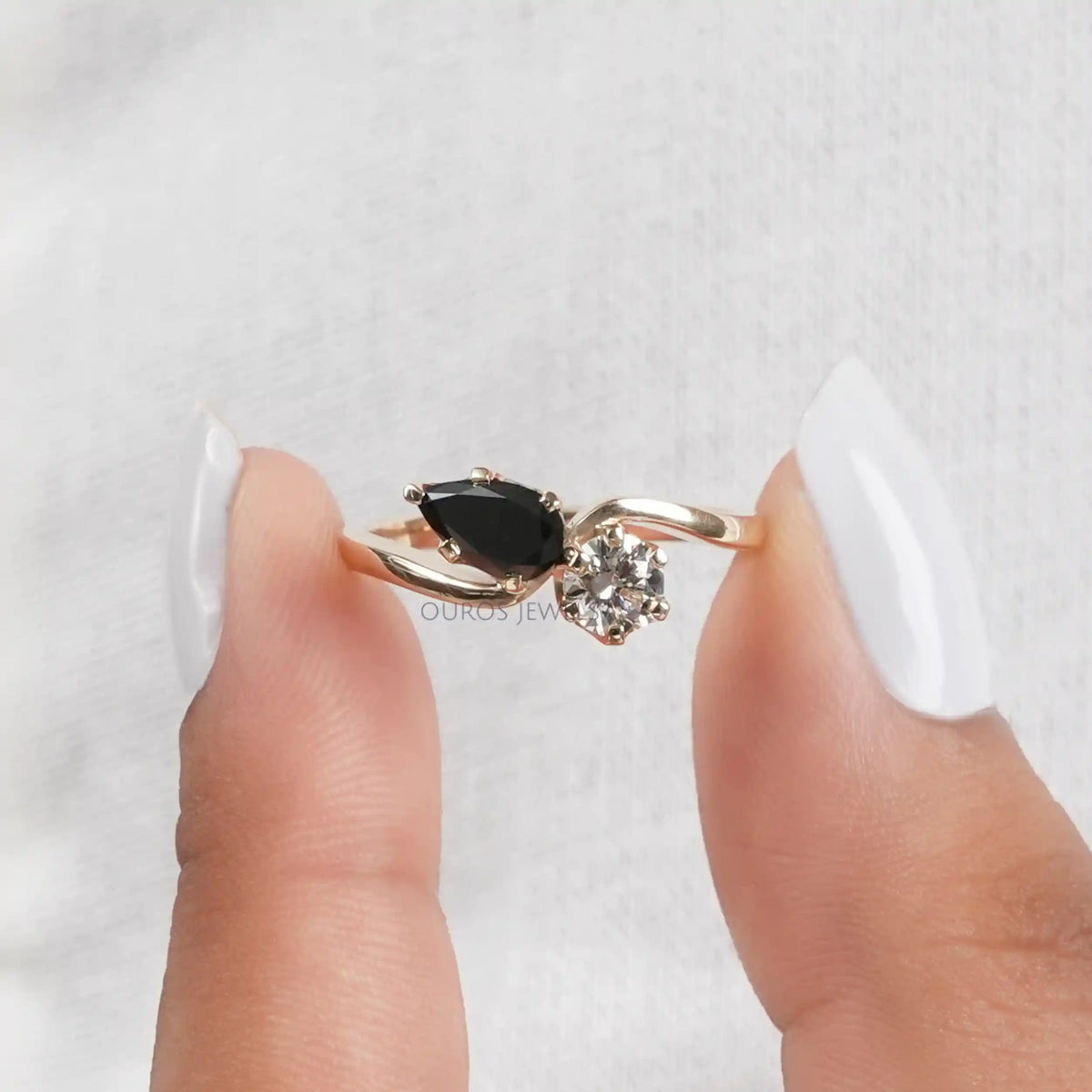 Natural Black Pear Cut Lab Grown Diamond Two Stone Ring