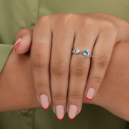 Blue Heart Cut Lab Diamond Open Cuff Dainty Ring Ring