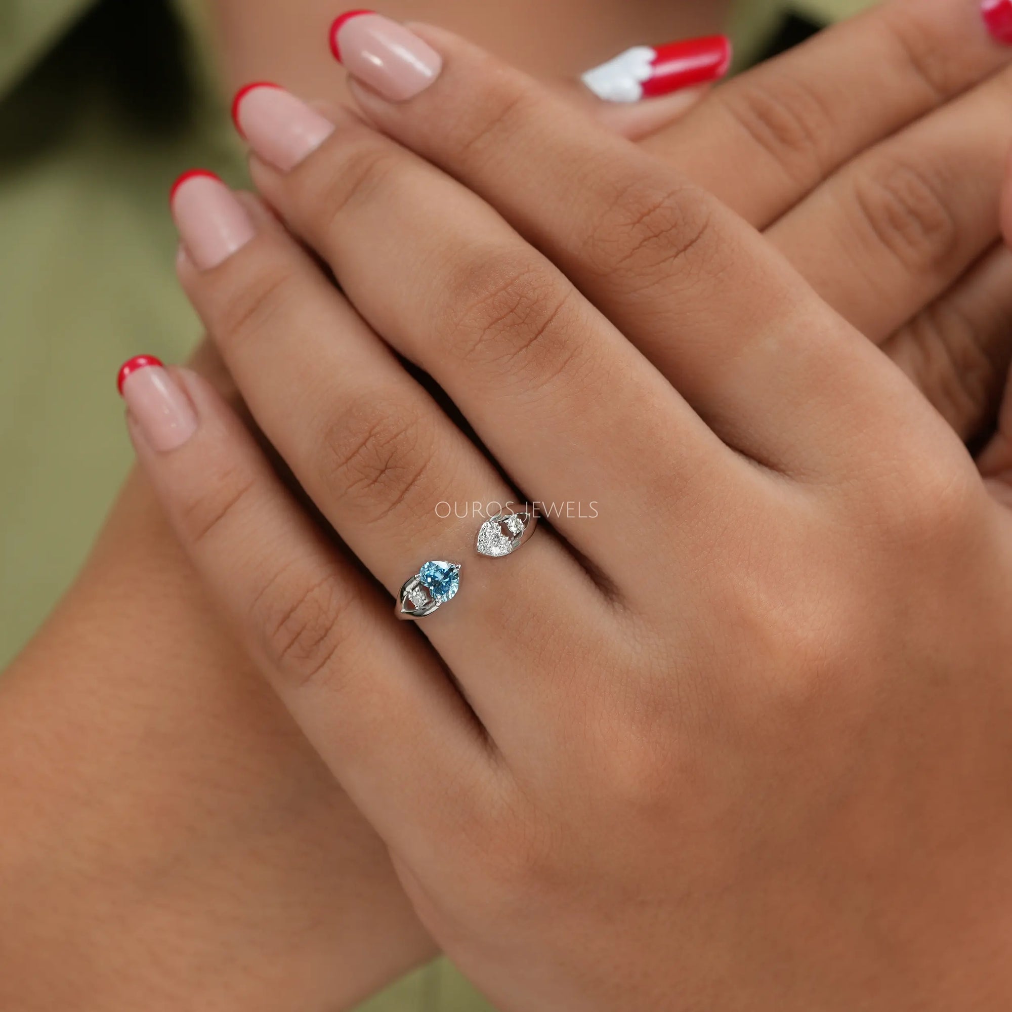 Blue Heart Cut Lab Diamond Open Cuff Dainty Ring Ring