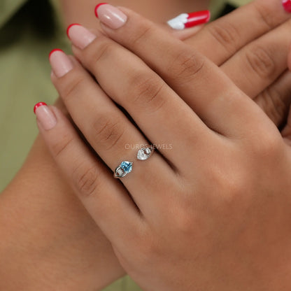 Blue Heart Cut Lab Diamond Open Cuff Dainty Ring Ring