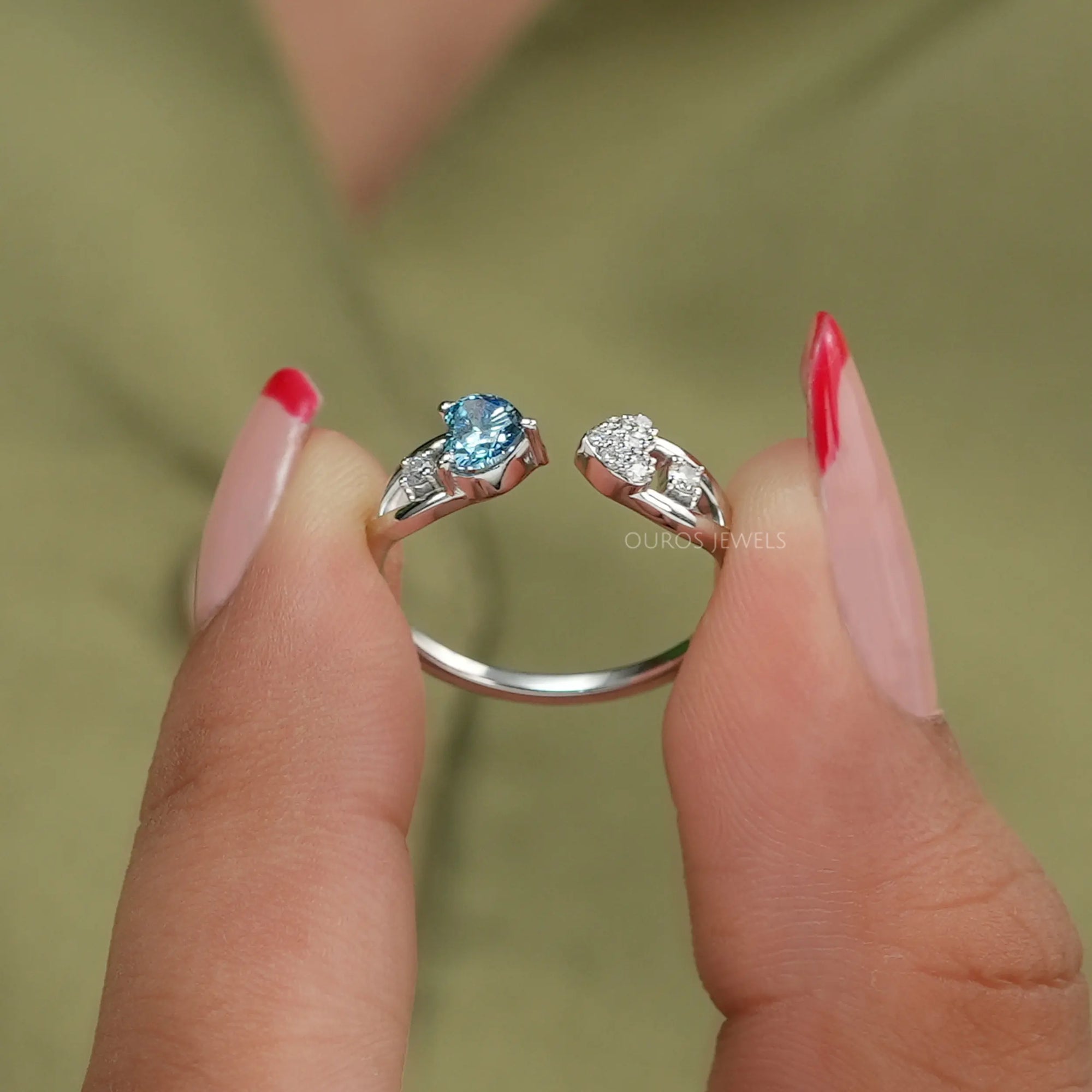 Blue Heart Cut Lab Diamond Open Cuff Dainty Ring Ring