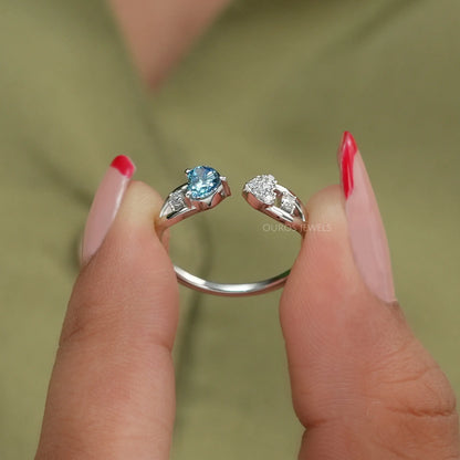 Blue Heart Cut Lab Diamond Open Cuff Dainty Ring Ring