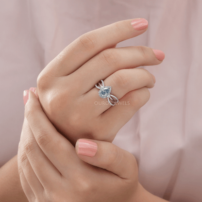 Blue Pear Cut Halo Accent Diamond Engagement Ring