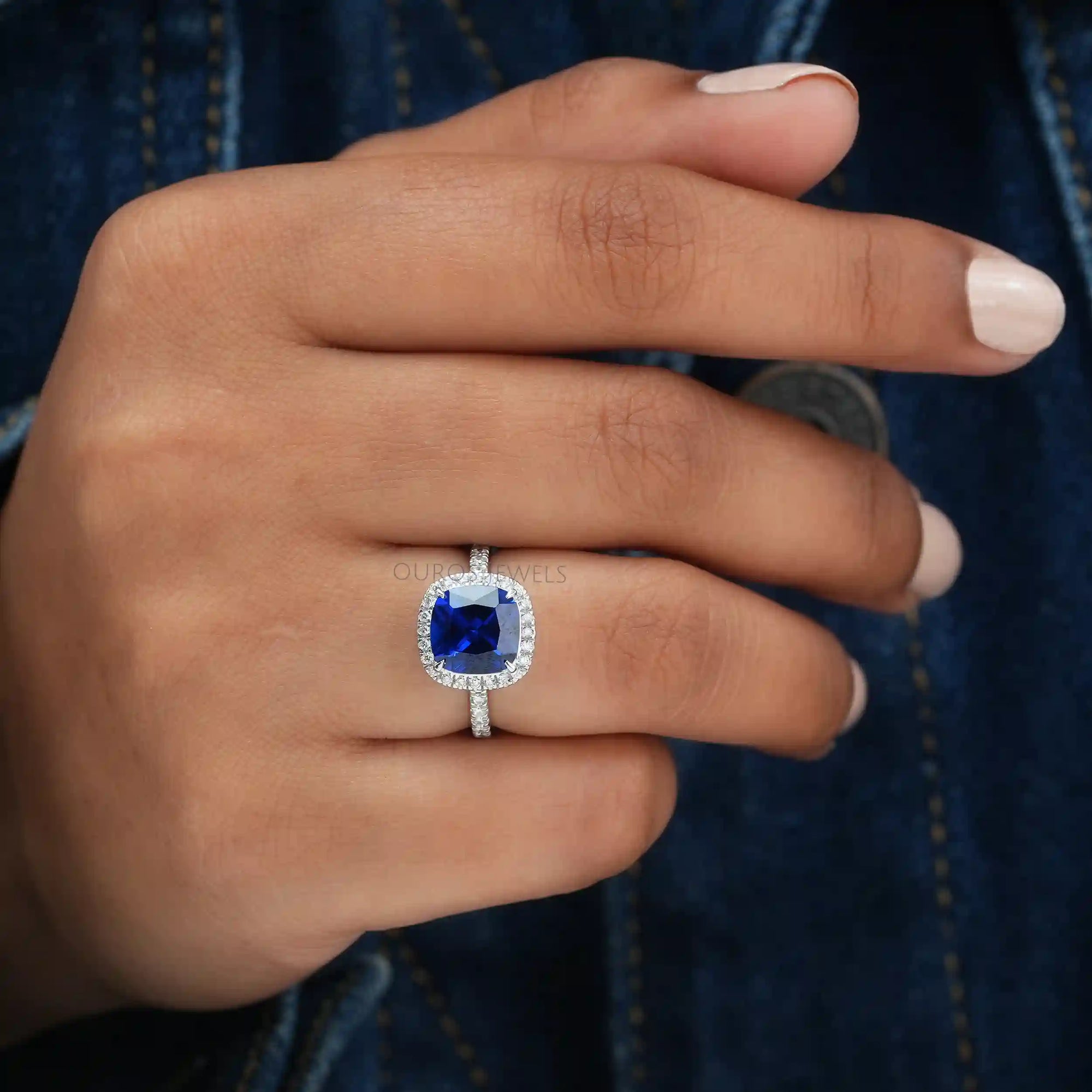 Blue Cushion Cut Halo Diamond Engagement Ring