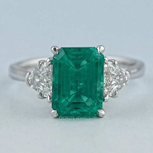 Green Emerald With Antique Diamond Three Stone Ring Ring