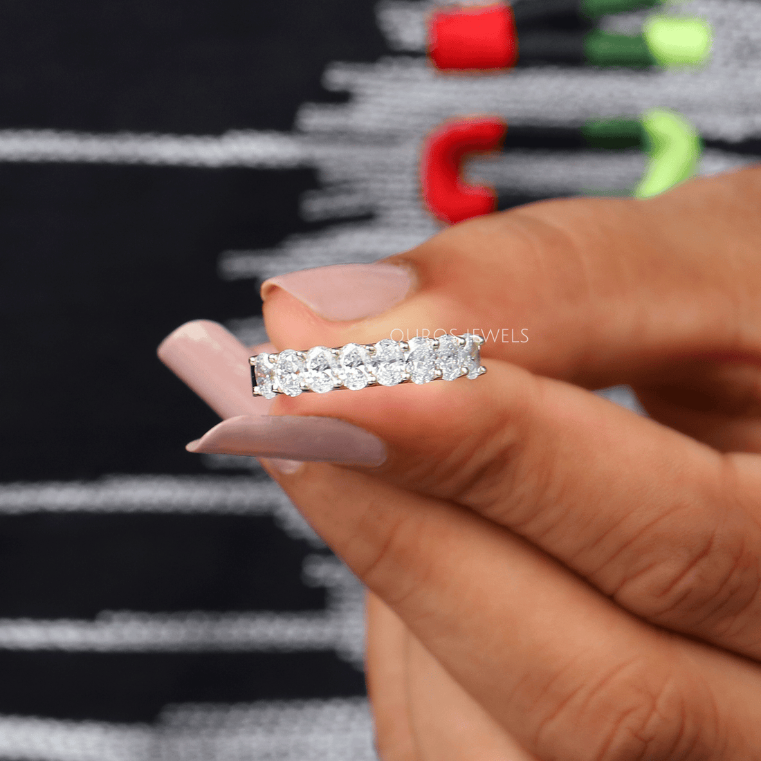 Oval Shape Half Eternity Wedding Band