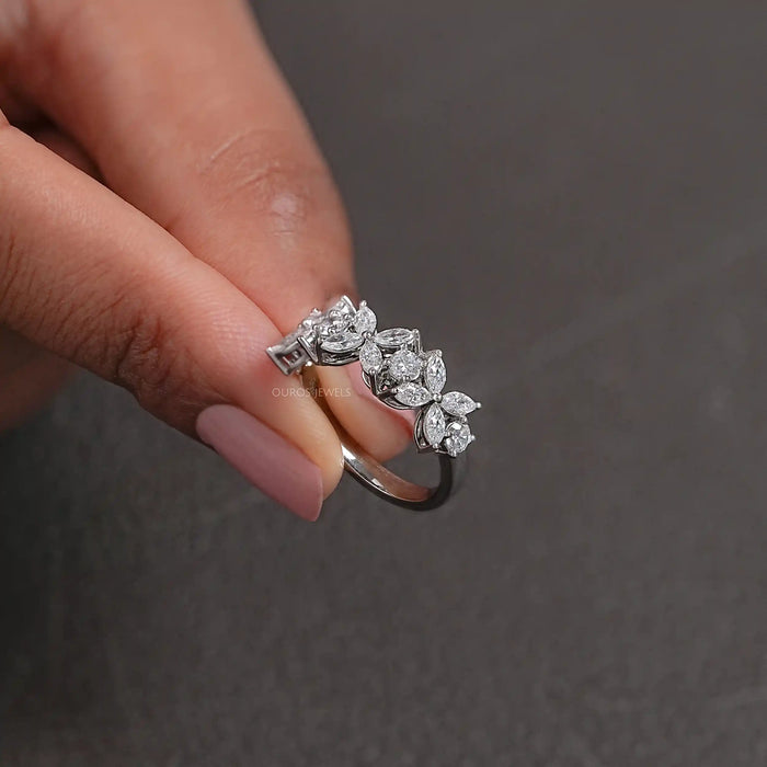 Marquise And Round Cut Diamond Flower Wedding Band Rings